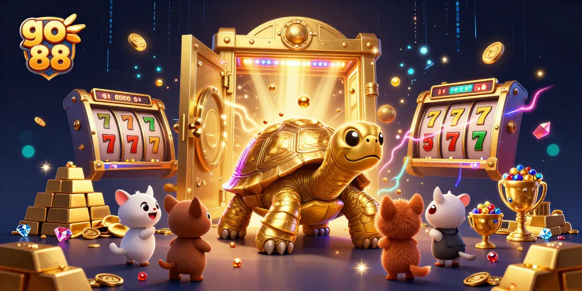 Engage in thrilling games at go 88, featuring a lively 3D casino scene with golden treasures and cartoon characters.