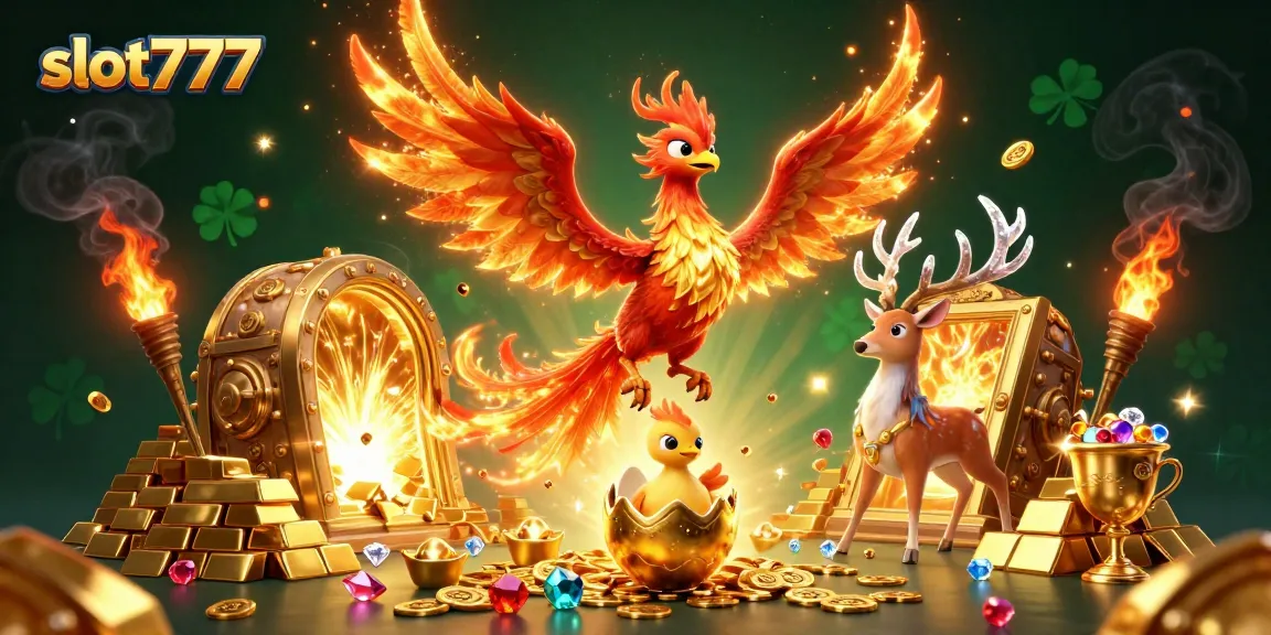 Experience thrilling gameplay at slot777 with a golden phoenix and treasures surrounding you.