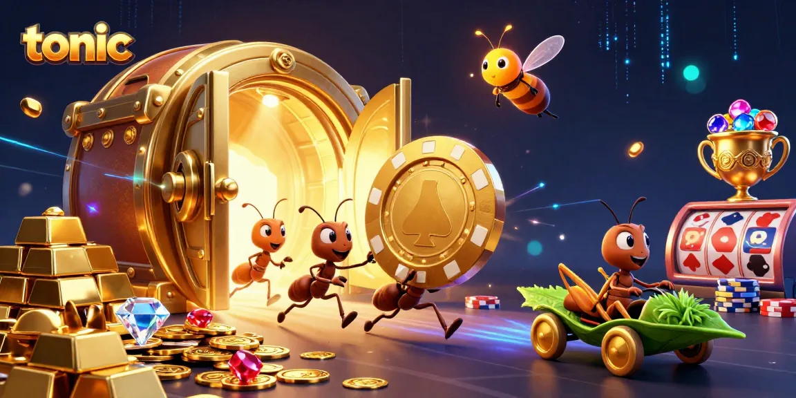 Celebrate big wins at tonic's online casino featuring ants on a heist with golden chips and treasures.