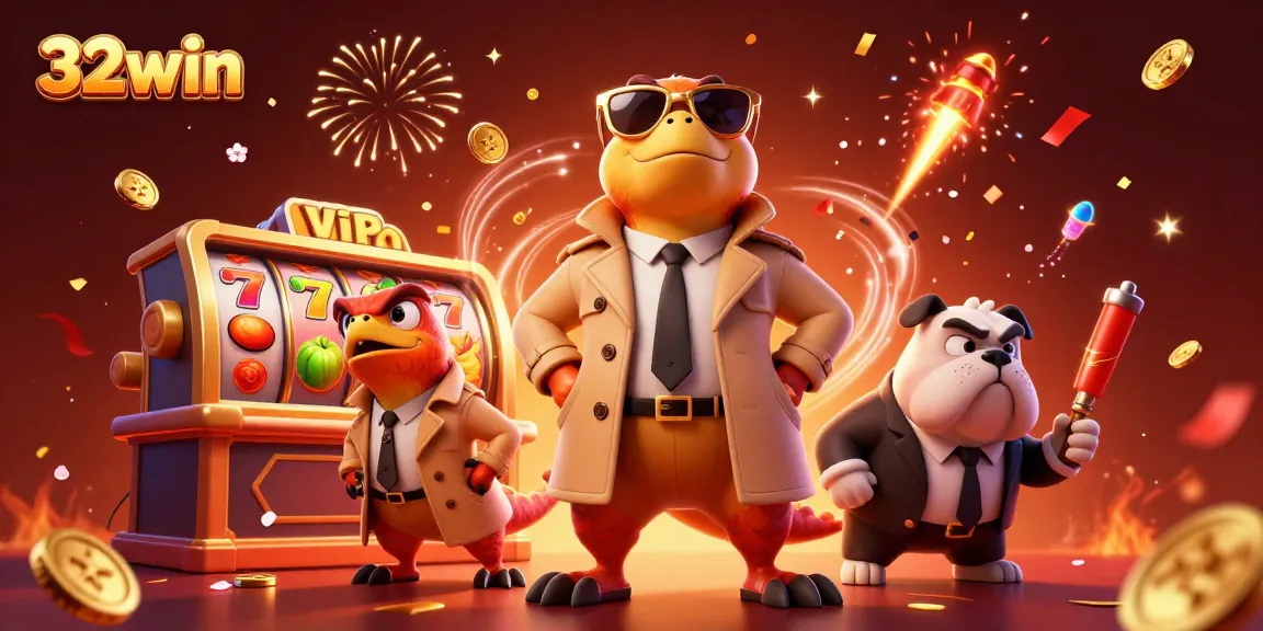 32win showcases a creative 3D scene of playful characters in a vibrant casino environment.