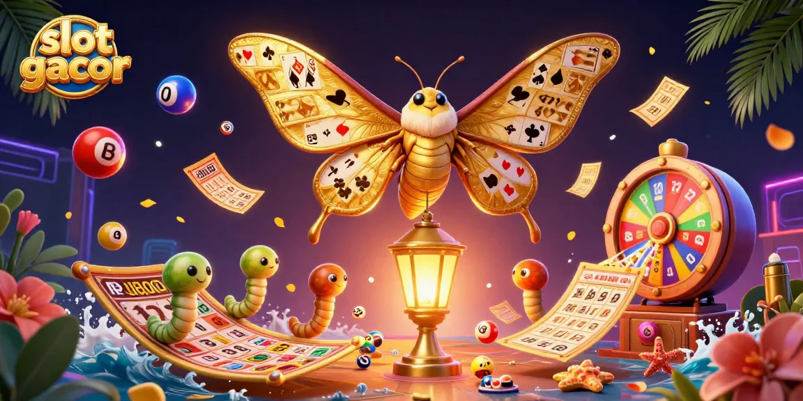Engage in slot gacor excitement with vibrant scenes of lottery balls and a majestic moth illustration.