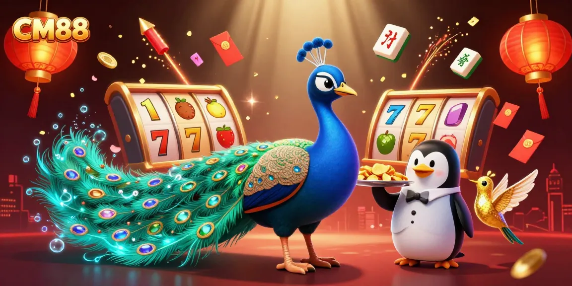 Experience excitement at CM88 with vibrant slot reels, peacock characters, and festive decorations.