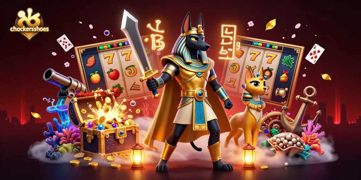 Engage with chockersshoes as you spin slot reels alongside Anubis and Bastet in a vibrant casino scene.