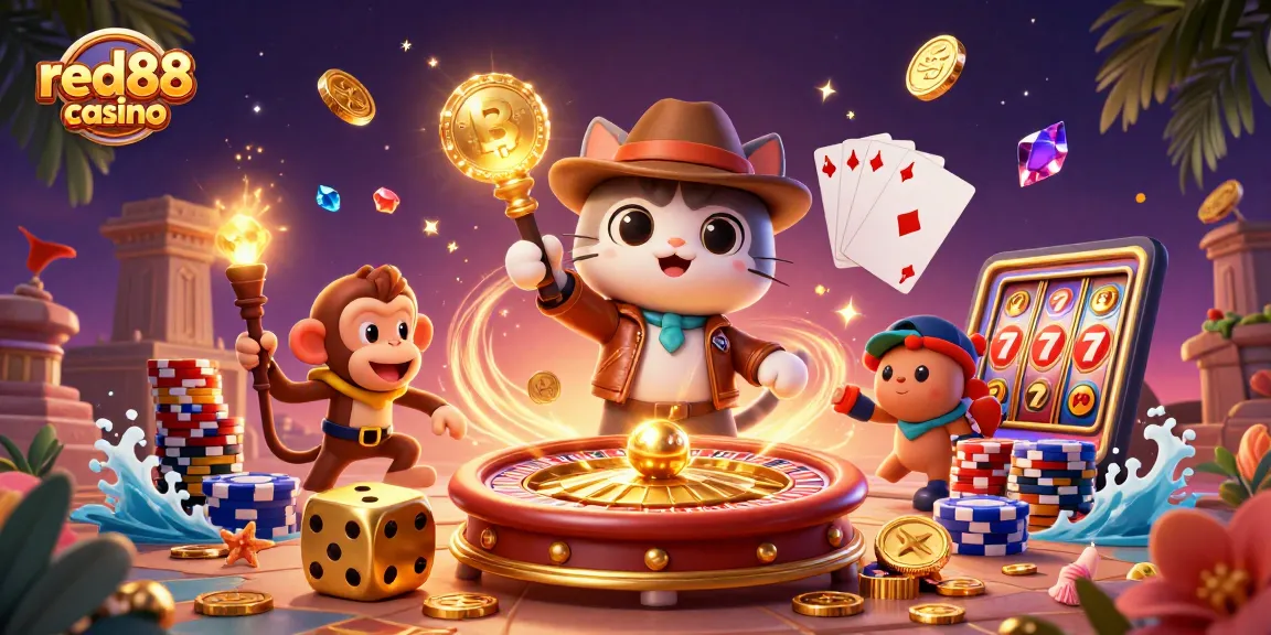 Experience thrilling gameplay at red88 casino with an adventurous cat archaeologist amidst vibrant casino elements.