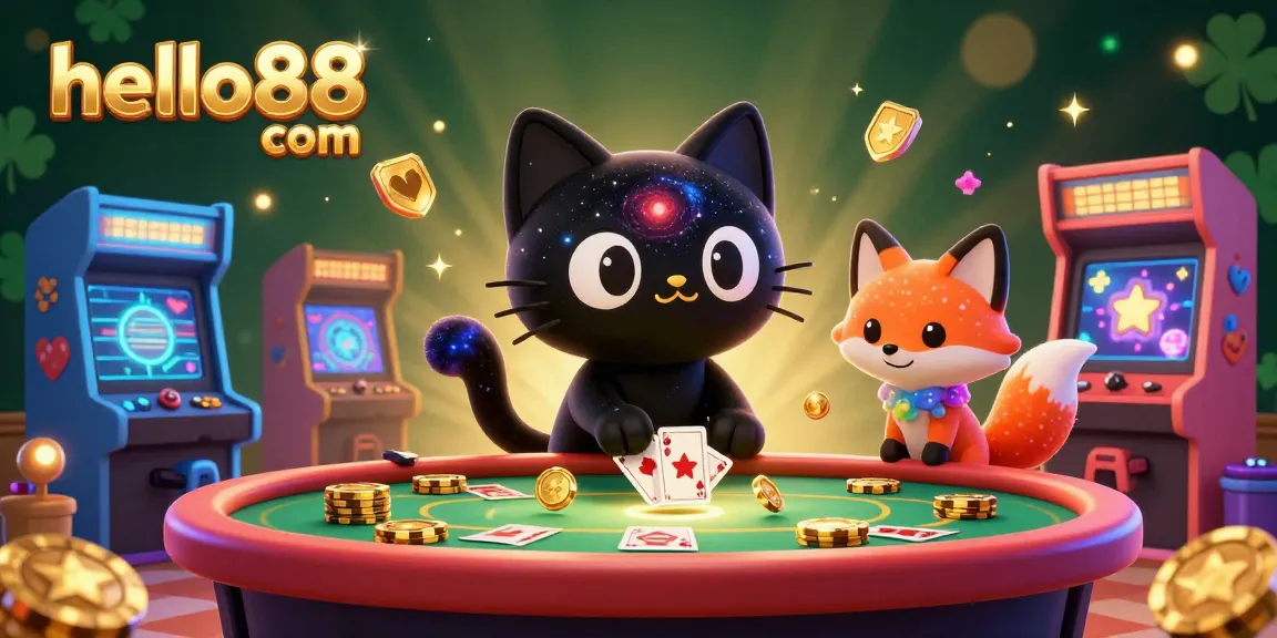 Experience thrilling games at hello88 com with a cosmic casino scene featuring a black hole cat and a nebula fox.