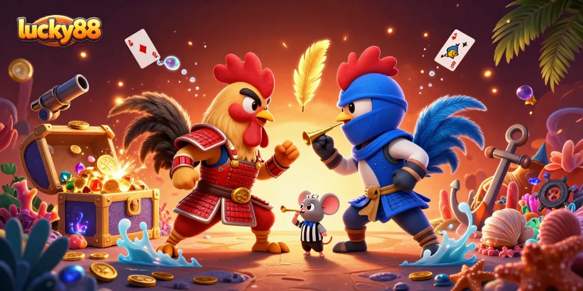 Compete with lucky88 as fighting roosters clash in a dramatic casino-inspired showdown.