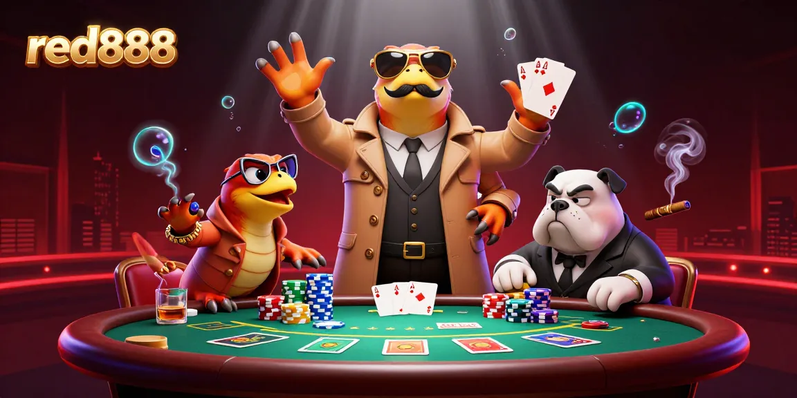 red888 casino scene with raptors disguised in a trench coat, poker elements abound.