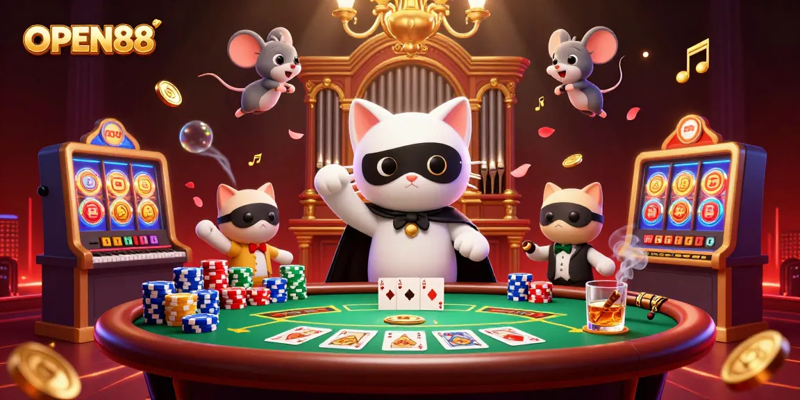 Experience OPEN88 in an ultra-detailed 3D casino scene featuring dynamic gaming elements and lively characters.