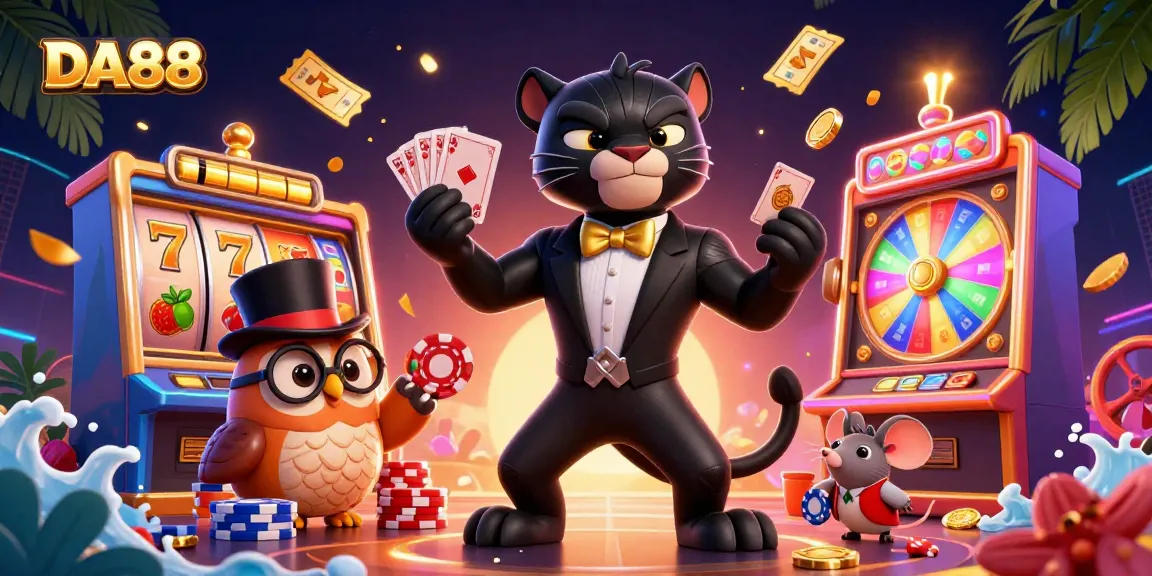 Experience DA88's thrilling slots as a stylish panther elegantly deals cards amidst vibrant casino elements.