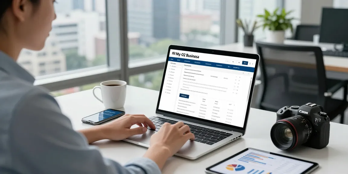 Engaged professional logging into 02 login business on laptop in a bright modern office