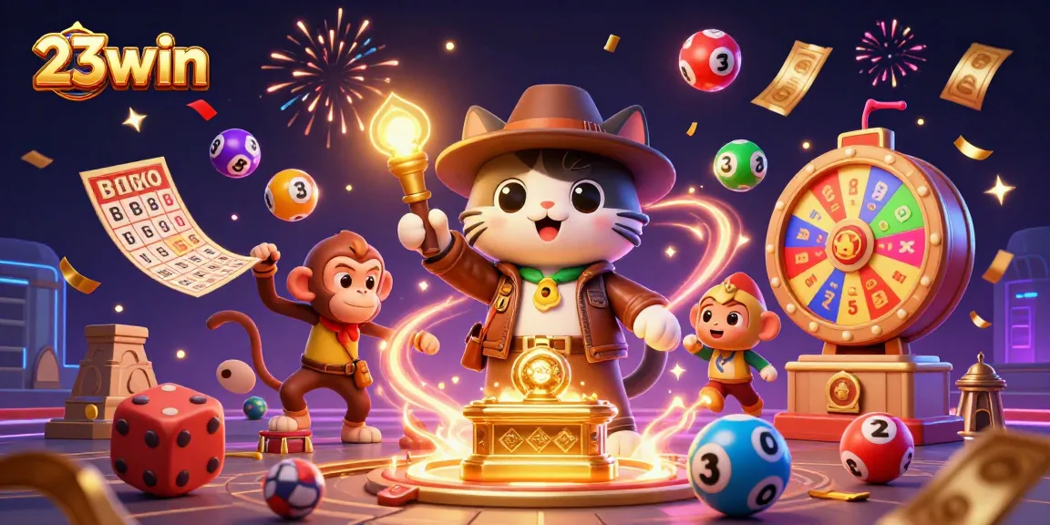 Engage with 23win in this vibrant 3D scene featuring a cat archaeologist uncovering casino treasures amidst confetti.