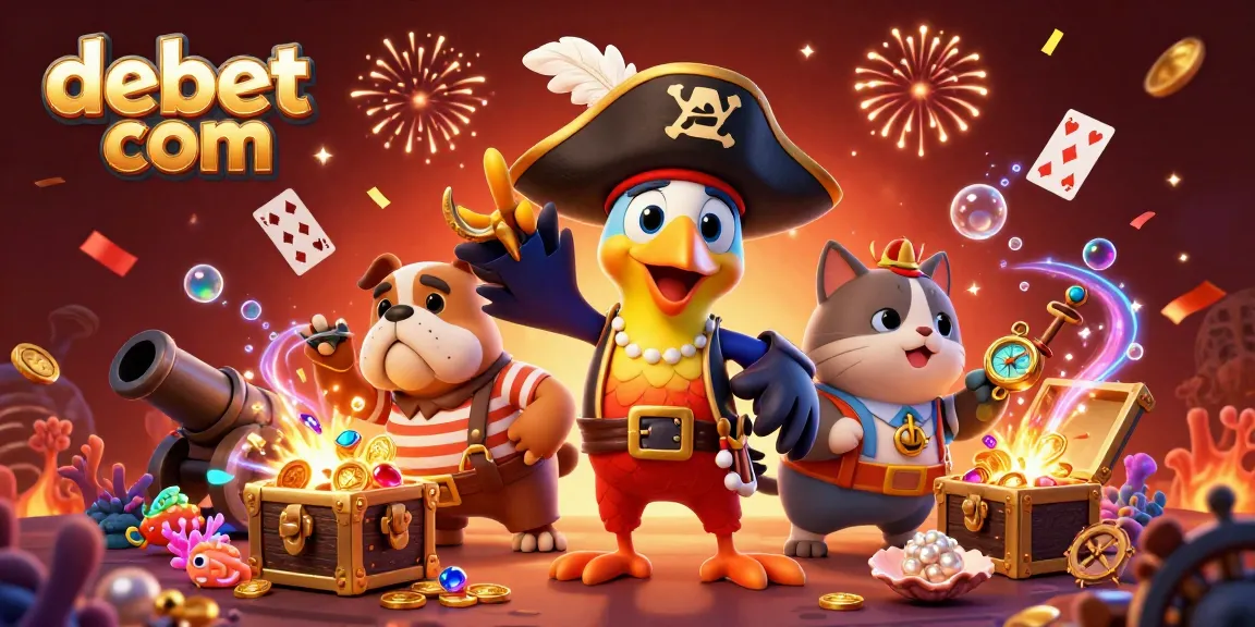 Engage with debet com for thrilling pirate-themed casino adventures in this vibrant, dynamic illustration.