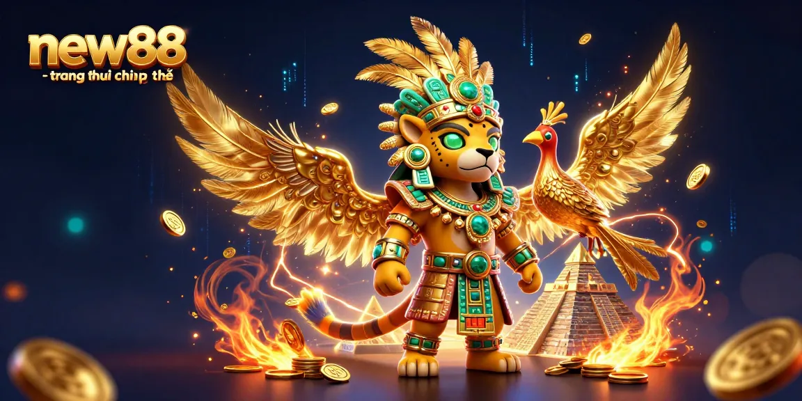 Engage with new88 - trang chủ chính thức featuring vibrant 3D illustration of casino-themed characters and elements.