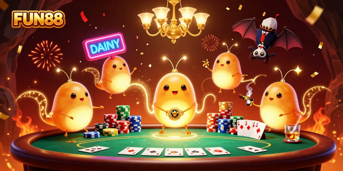 Light up your FUN88 poker game with animated glowworms in a vibrant casino setting.