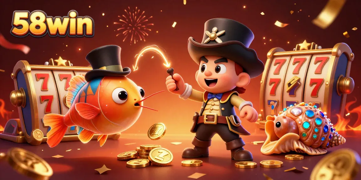 Engage with 58win's vibrant 3D casino scene featuring whimsical characters and dynamic gaming elements.