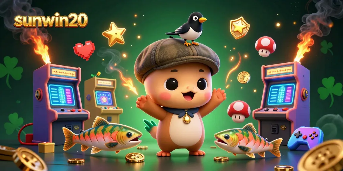 Engage with sunwin20's vibrant online gaming scene featuring colorful arcade machines and dynamic characters.