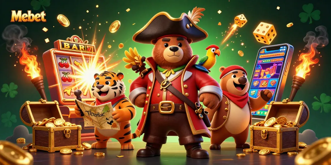 Mebet enhances the excitement of slot play with a vibrant casino adventure, showcasing a pirate bear and tiger.