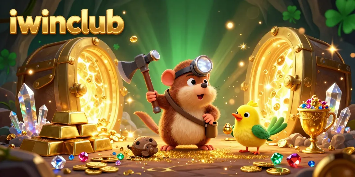 Experience online gaming excitement with iwinclub as the treasure hunter mole and canary uncover riches in a dazzling cave.