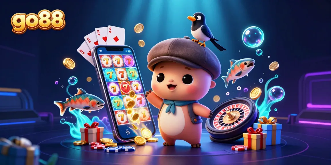 Spin the reels at go88 with an enchanting scene featuring Nessie and friends amidst a vibrant casino backdrop.