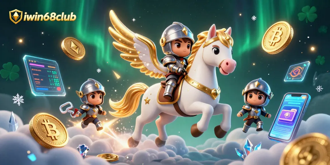 Experience the excitement at iwin68club with a cosmic-themed casino scene, featuring a celestial horse and crypto elements.