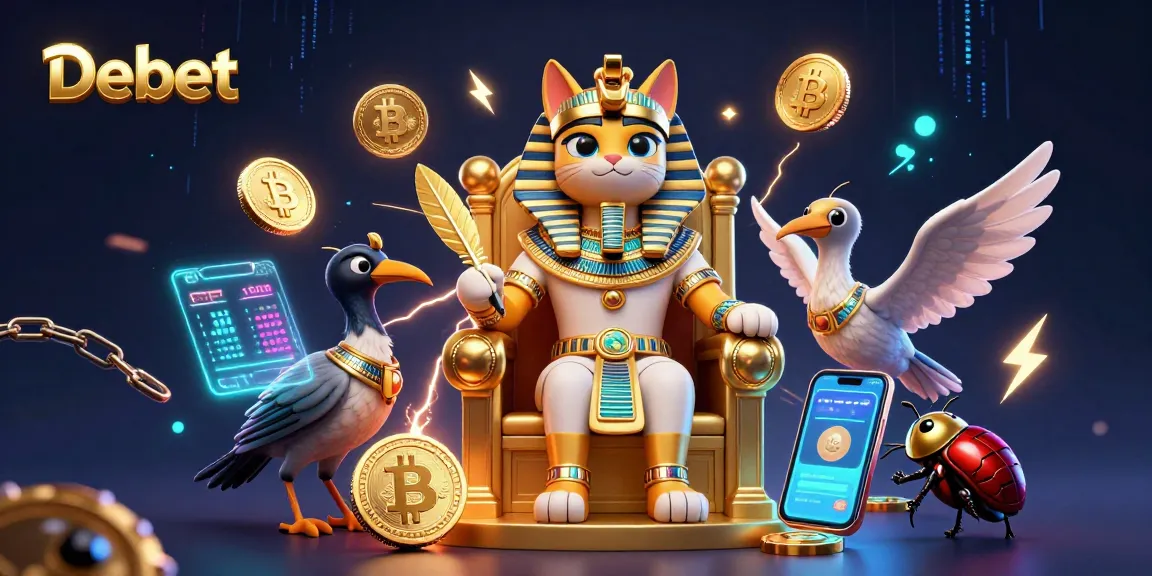 Engage with Debet through immersive gaming in a 3D casino scene featuring Egyptian pharaoh and cryptocurrency elements.