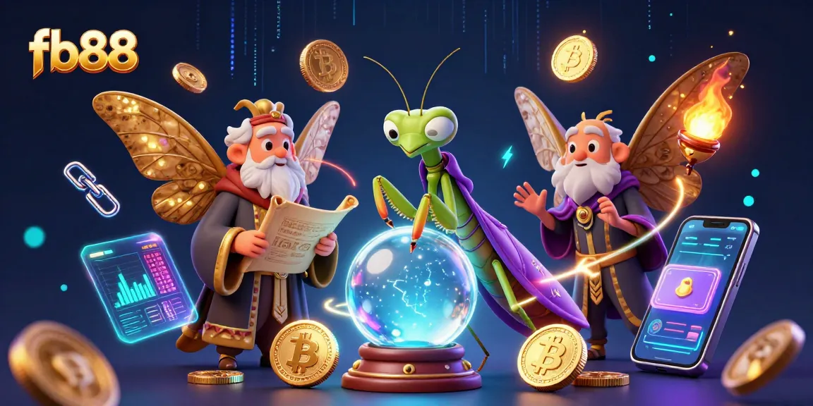 Engage with fb88's thrilling crystal ball prediction in a vibrant casino illustration filled with crypto elements.
