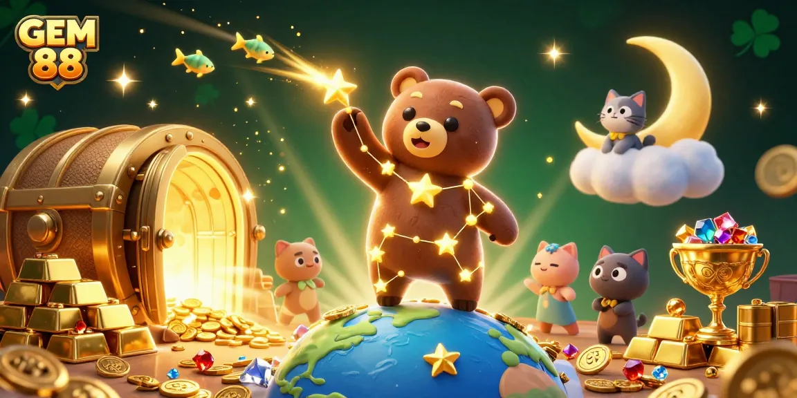GEM 88 casino adventure with golden treasures, a constellation bear, moon cat, and vibrant treasures.