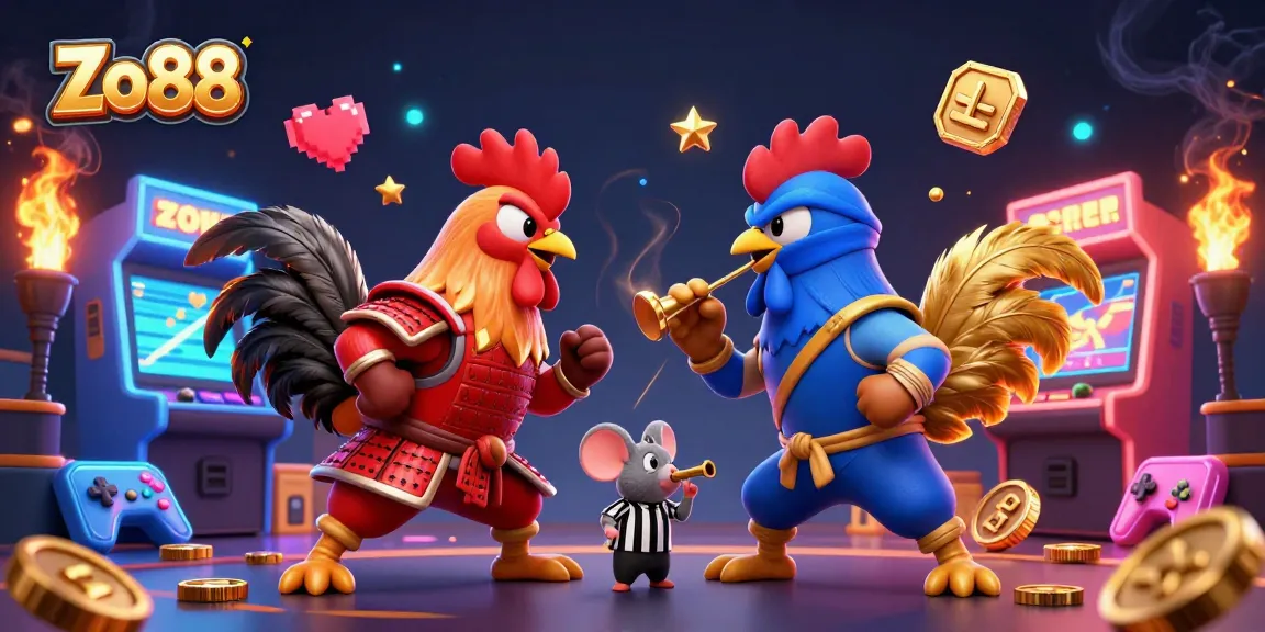 Engage with Zo88's thrilling online gaming experience featuring dynamic roosters in a vibrant, casino-themed showdown.