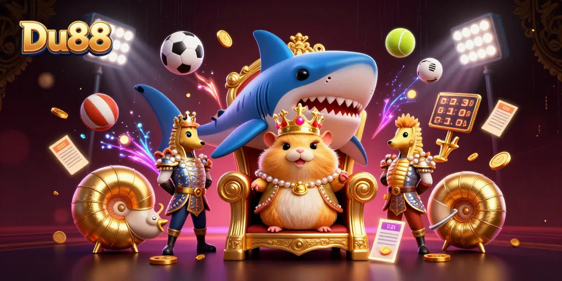 Engage with Du88’s thrilling casino experience featuring a kingly hamster surrounded by vibrant sports elements.