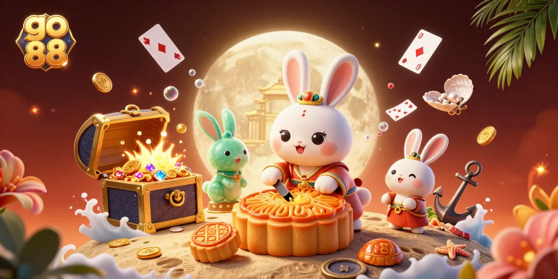 Experience casino fun with go 88 in this vibrant 3D illustration featuring a moon rabbit, poker chips, and magical treasures.