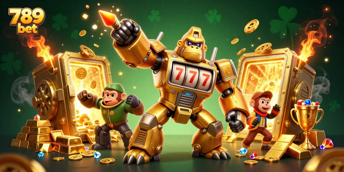 Experience winning with 789 bet's golden gorilla mech amidst treasure and excitement.