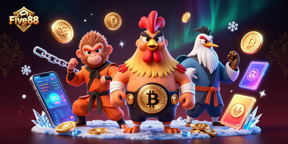 Engage in gaming thrills with Five88 featuring vibrant characters amidst cryptocurrency elements.