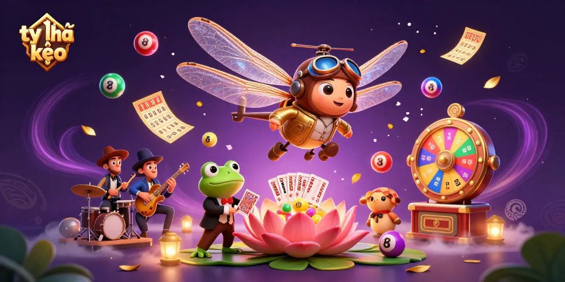 Experience the thrilling tỷ lệ kèo action with a cartoon dragonfly pilot, frog dealer, and a vibrant casino scene.