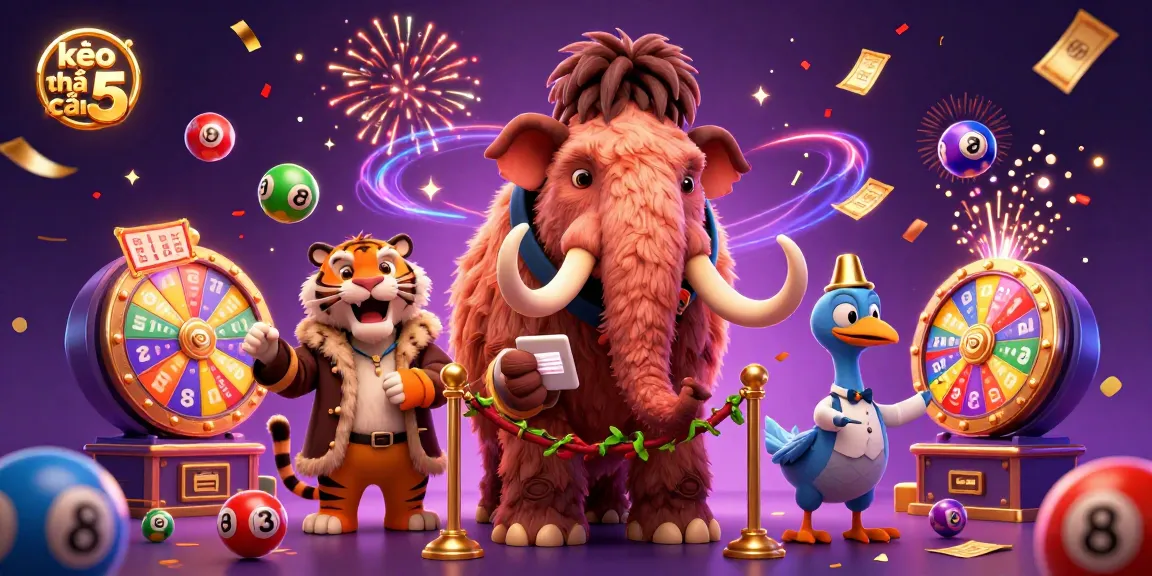 Join the fun at kèo nhà cái 5, with a woolly mammoth checking IDs and colorful lottery elements!