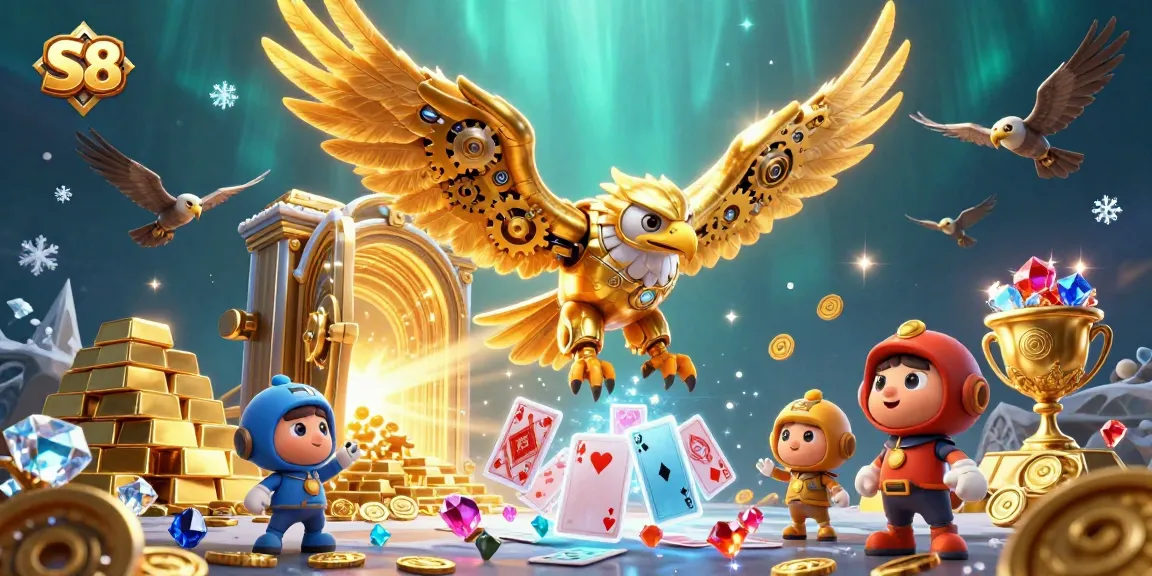 S8 showcases a golden eagle gaming through holographic cards, surrounded by treasures