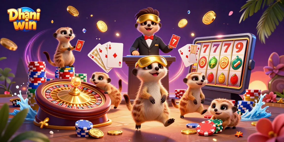Dhani Win animated meerkats operating a vibrant casino with engaging slot and gaming elements.