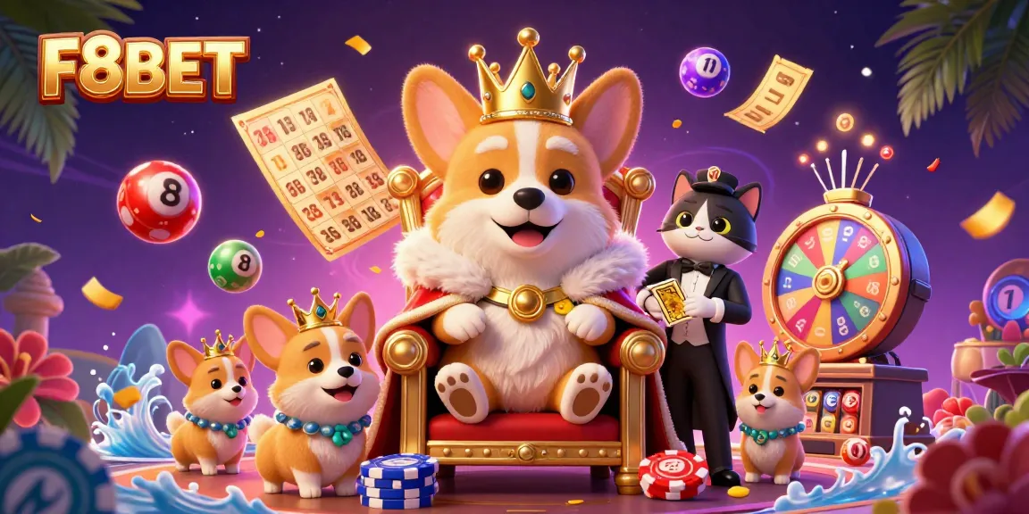 F8BET offers a vibrant and exciting 3D scene with characters, lottery elements, and casino games.