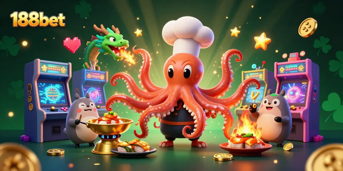 Engage with 188bet's vibrant casino scene featuring a chef octopus, dragon, and tanuki amidst game elements.