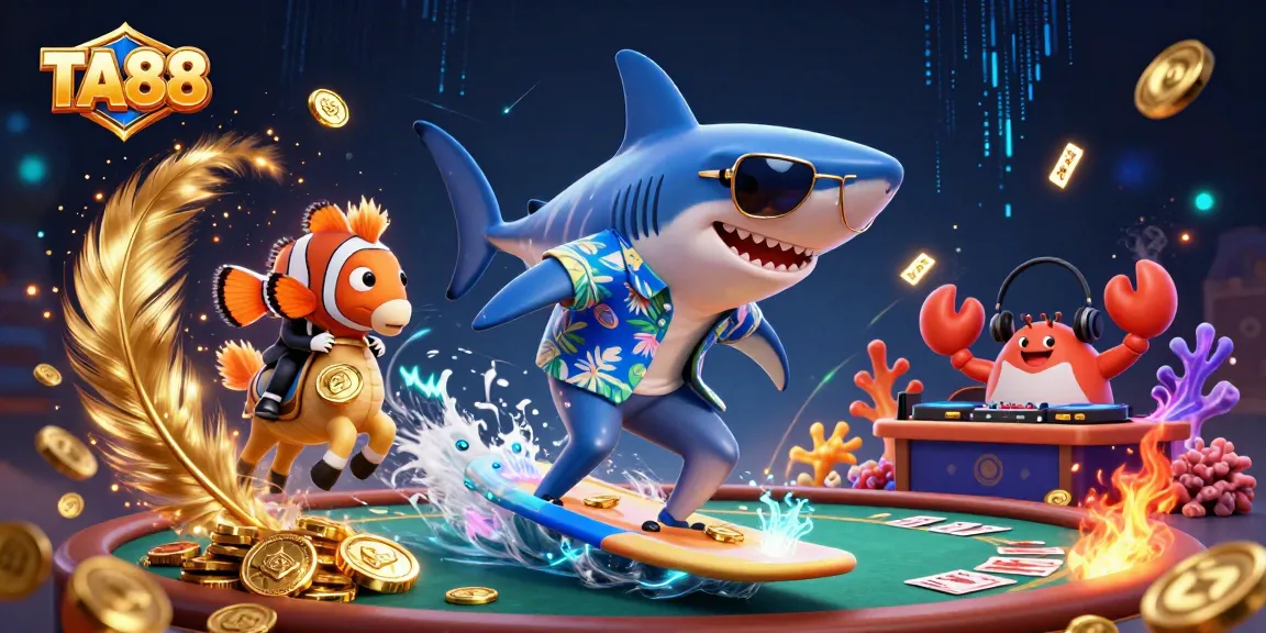 Experience excitement with TA88 where the shark and friends celebrate big wins at the poker table!