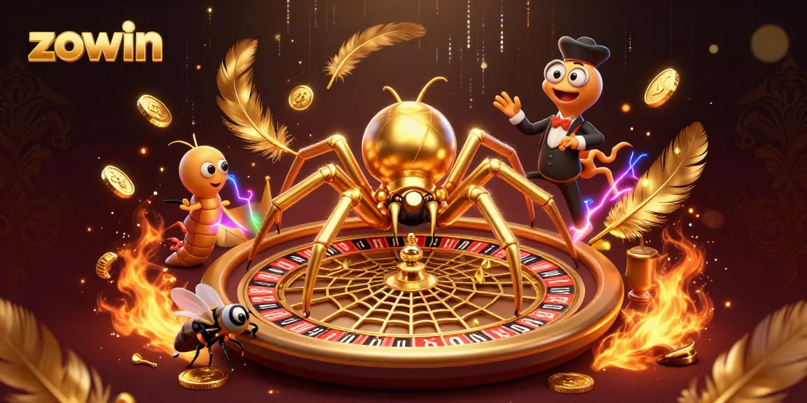 Engage with Zowin's thrilling roulette wheel game, a vibrant casino scene filled with scenic characters.