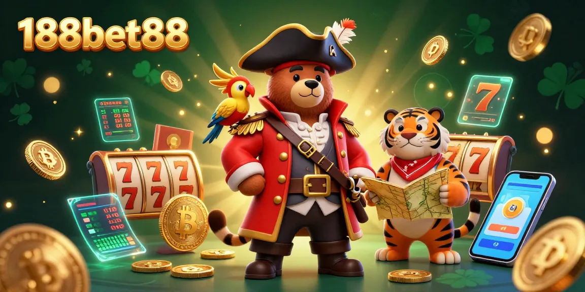 Spin the reels at 188bet88 with our vibrant 3D pirate scene filled with slot games and treasure