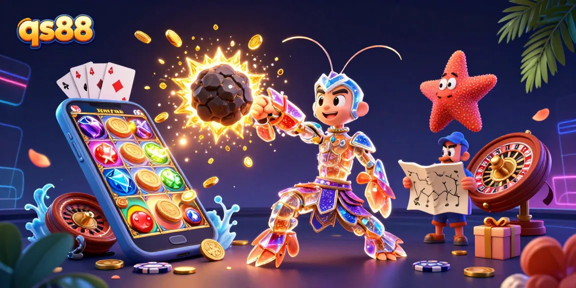 Experience thrilling wins at qs88 with a cartoon mantis shrimp conquering a gold explosion in a slot game.