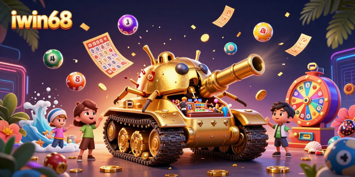Join the excitement at iwin68 with a vibrant casino scene featuring dynamic lottery balls and engaging game elements.
