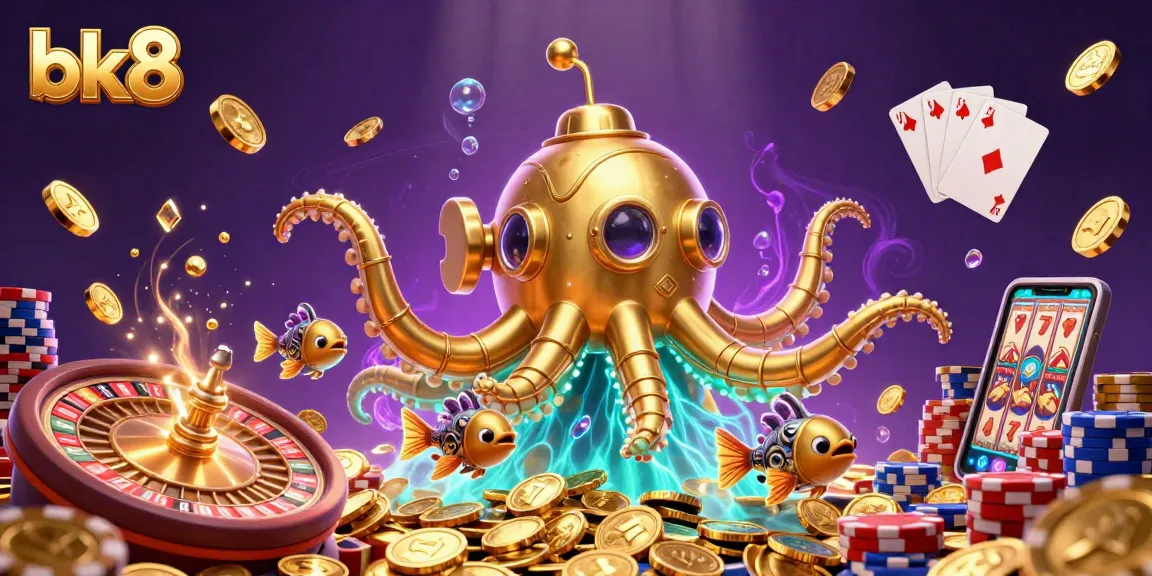Spin to win at bk8 with a vibrant 3D representation of a kraken submarine amidst golden coins and sparkling gems.