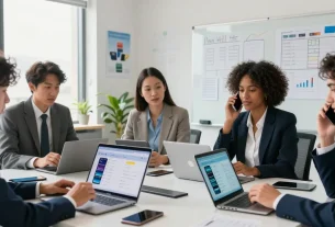 Compare business mobile deals UK in a corporate environment with professionals evaluating options.