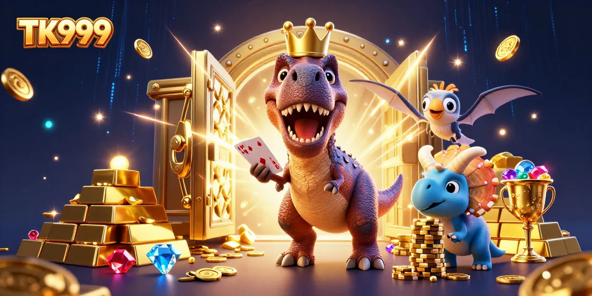 Engage in thrilling casino adventures with TK999 featuring a T-Rex shuffling cards.