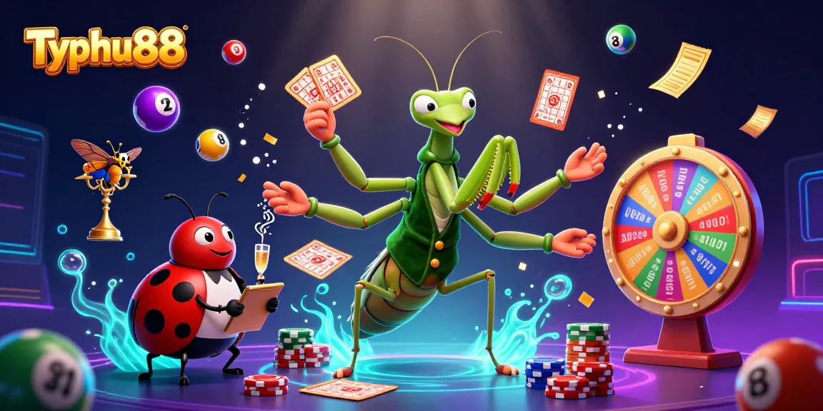 Typhu88's dynamic casino scene with a giant mantis card sharp and ladybug pit boss enjoying colorful lottery elements.