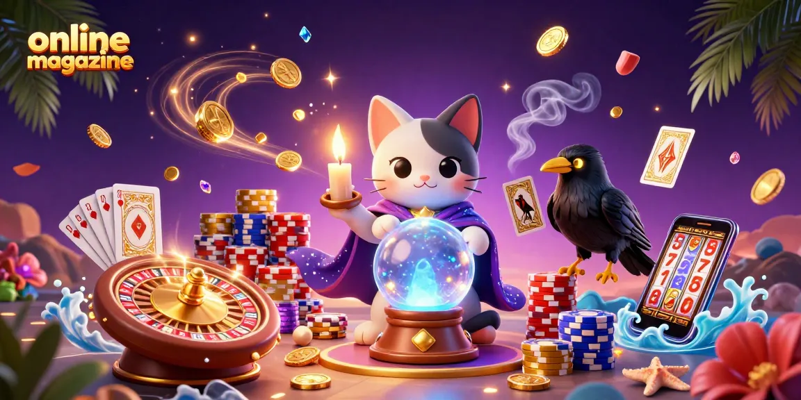 Experience the magic of an online magazine showcasing a whimsical casino scene full of vibrant gambling elements.