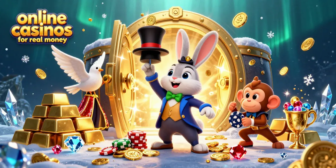 Experience excitement at online casinos for real money with a magical scene of characters and treasures.