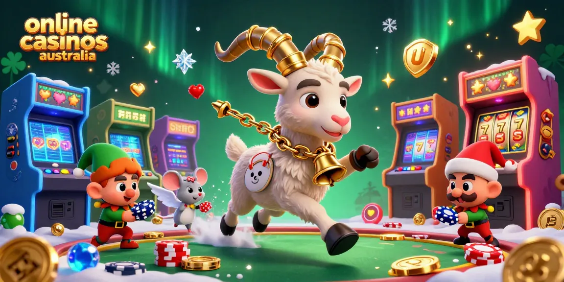Engage with online casinos Australia in a festive scene featuring Krampus and lively gameplay.